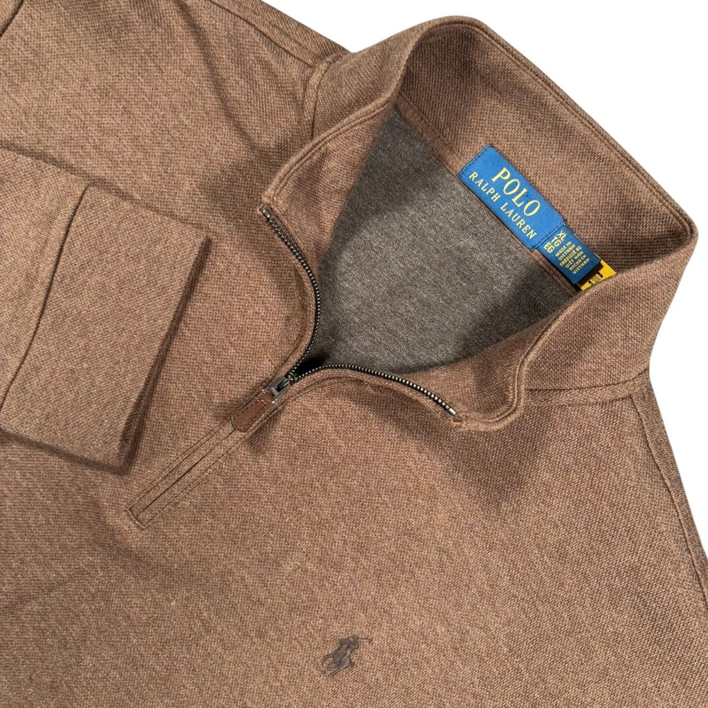 Polo Ralph Lauren Double Knit Quarter Zip Sweater Mens XL Brown Pockets Pony
